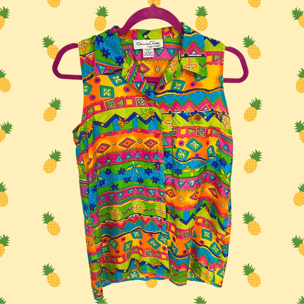 Oscar de La Renta vibrant rainbow silk button up tank top